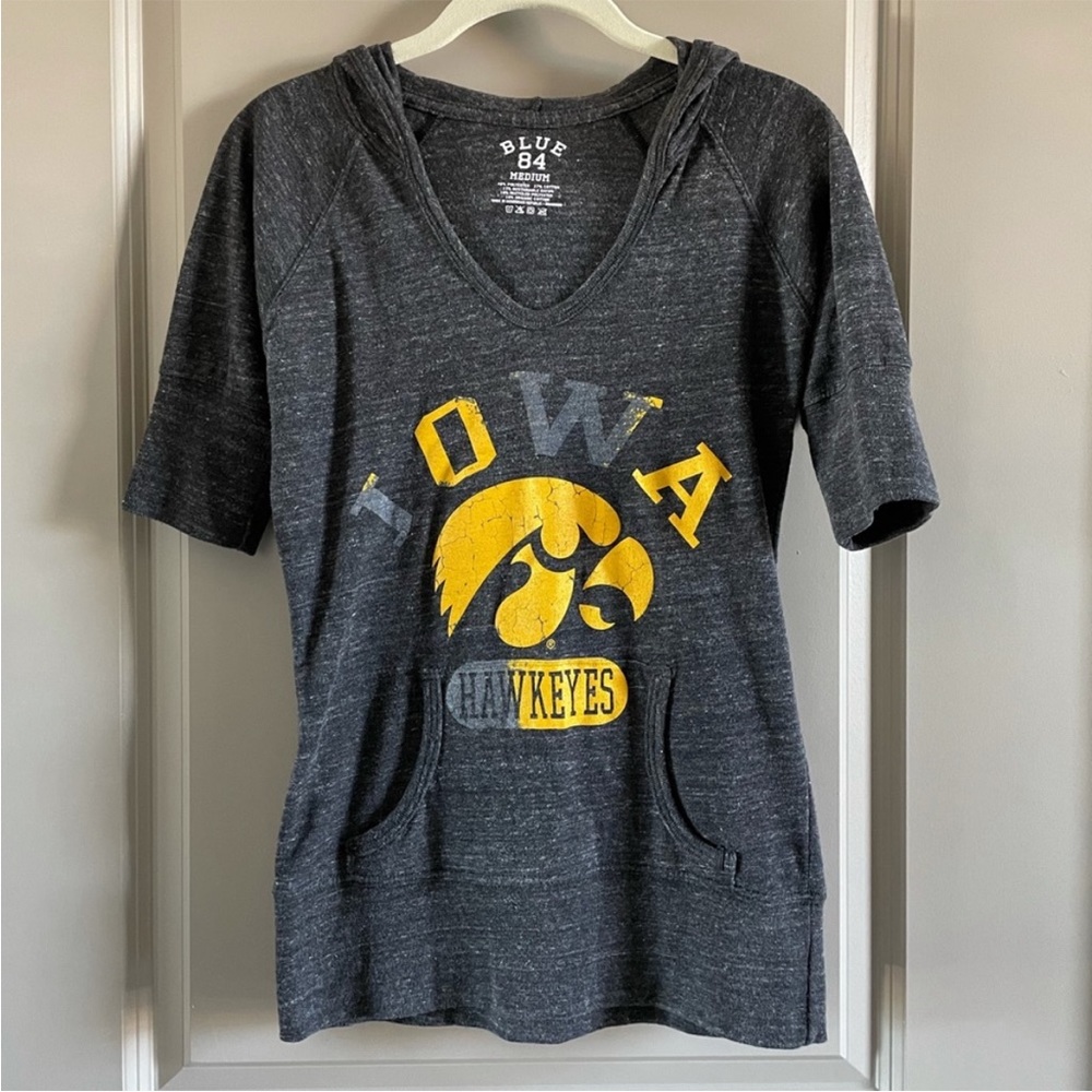 Iowa Hawkeyes gray distressed look top with hood. Fits small for a medium